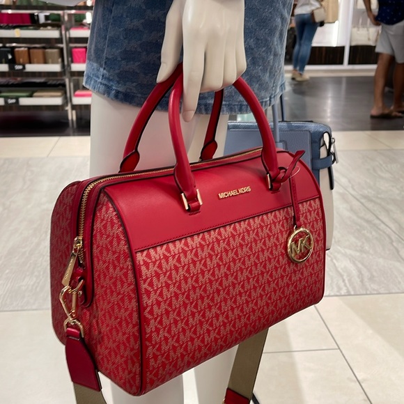 Michael Kors MK Jet Set Travel Medium Duffle Bag Satchel Bright Red MK Signature - Picture 16 of 16